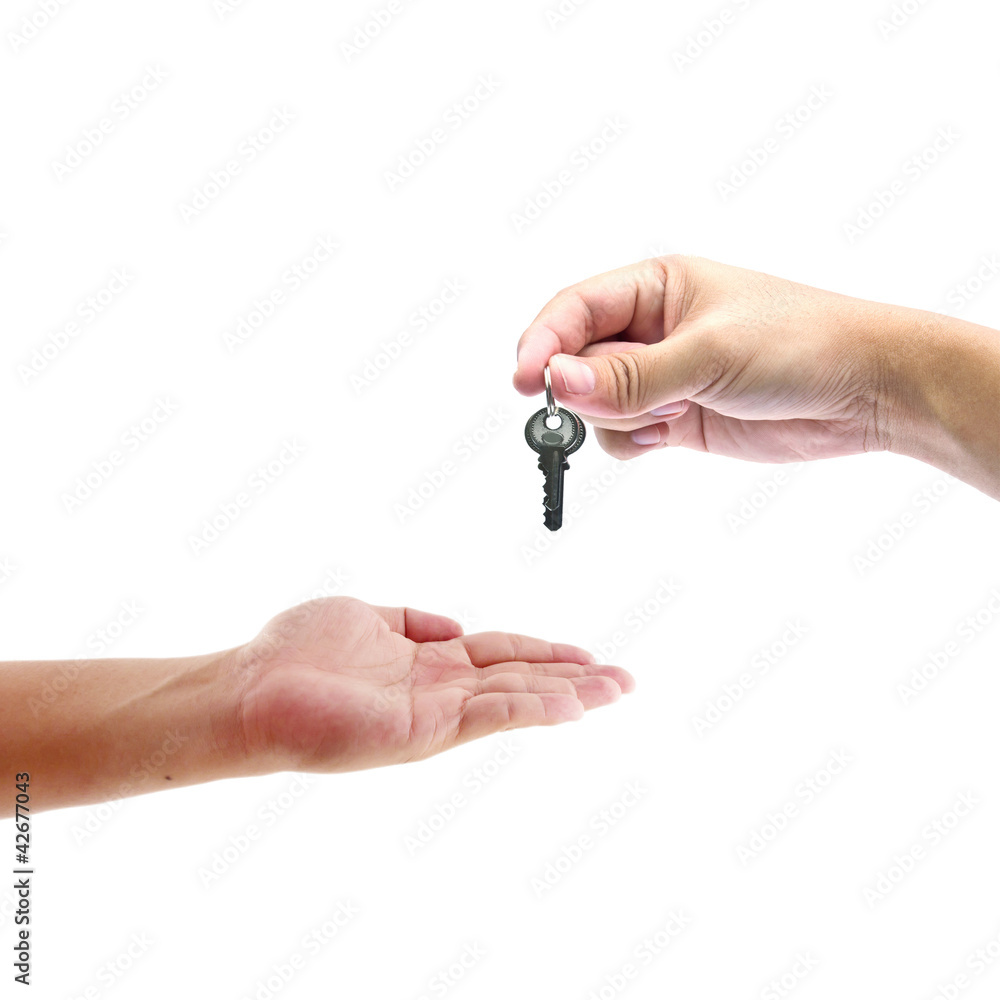 Human hands and key isolated on white background Human hands and key isolated on white background