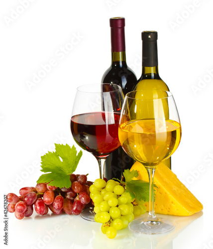 bottles and glasses of wine, cheese and ripe grapes isolated