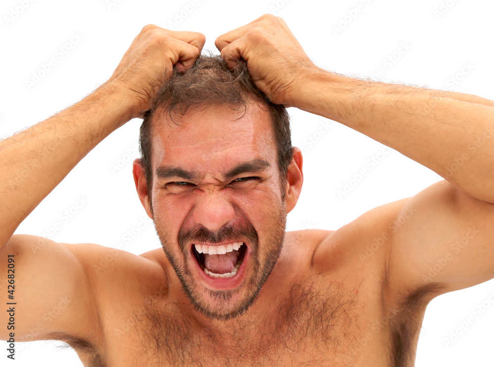 Obraz premium man pulling his hair and yelling on white background