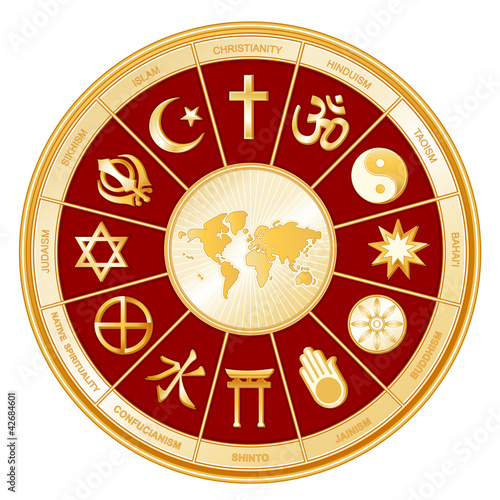 World of Faith around earth map, 12 global religions, labels