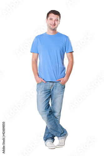 smiley young man in blue t-shirt