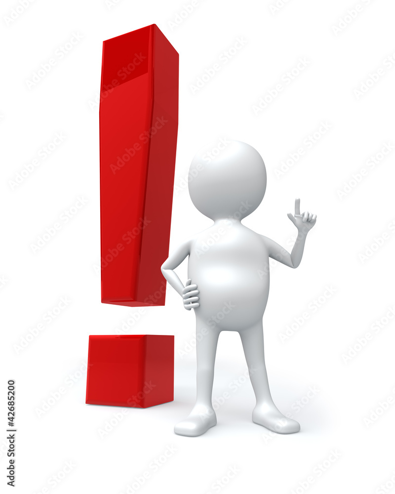 3D white man with big red exclamation sign isolated on white bac 3D white man with big red exclamation sign isolated on white bac