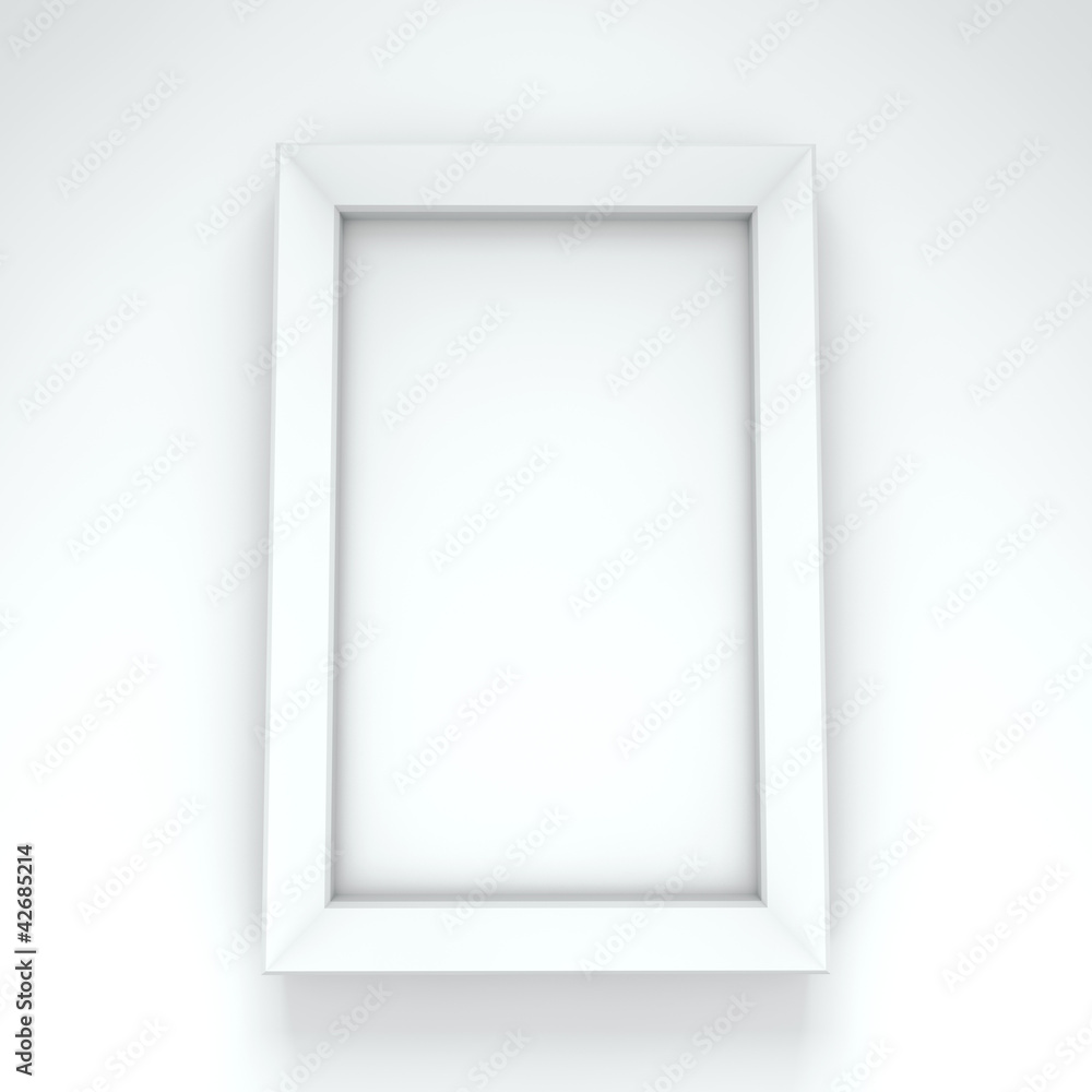 Blank white frame hanging on white wall. Blank white frame hanging on white wall.