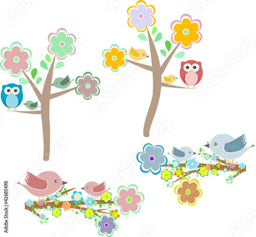 Set of autumn nature elements: owls and birds on branches