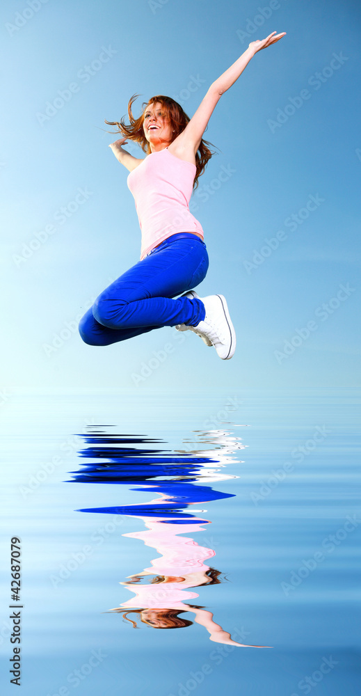 Attractive girl Young woman jumping sky