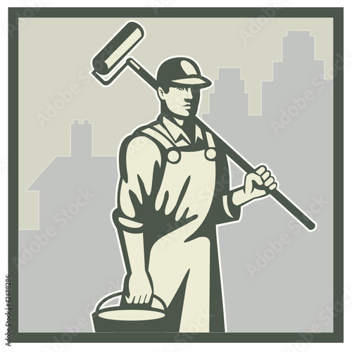Painter Paint Roller Worker House Retro