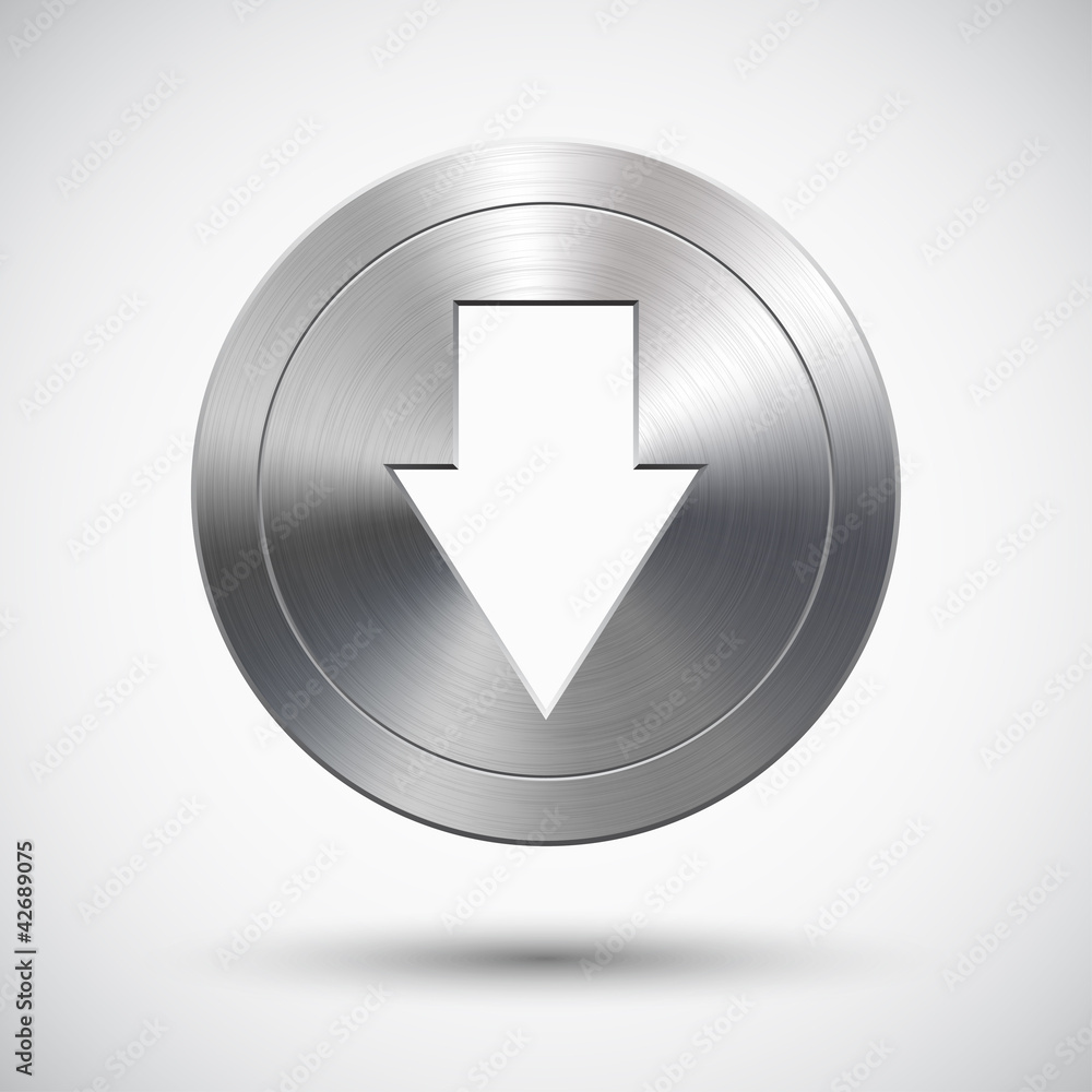 Button with metal (chrome) texture and down arrow sign Button with metal (chrome) texture and down arrow sign