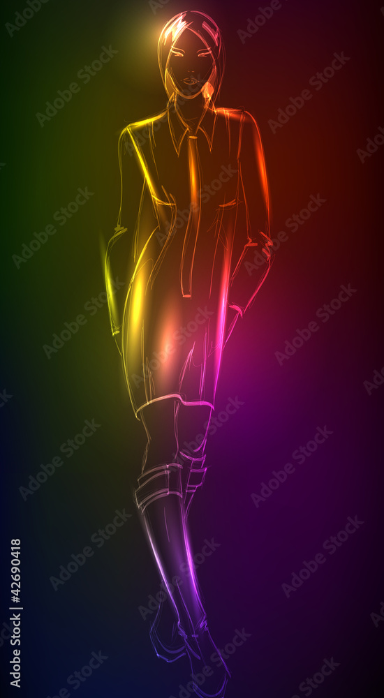 Hand-drawn fashion model from a neon. A light girl's Hand-drawn fashion model from a neon. A light girl's