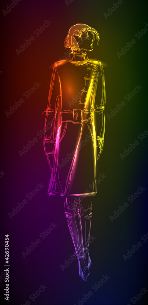 Hand-drawn fashion model from a neon. A light girl's Hand-drawn fashion model from a neon. A light girl's