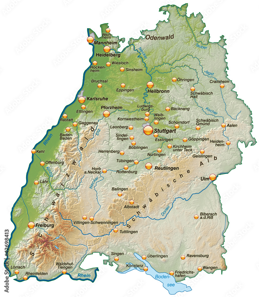 Landkarte von Baden-Württemberg mit Schummerung Stock Illustration | Adobe  Stock