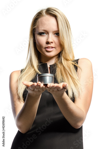 Young blond in black holds metal box