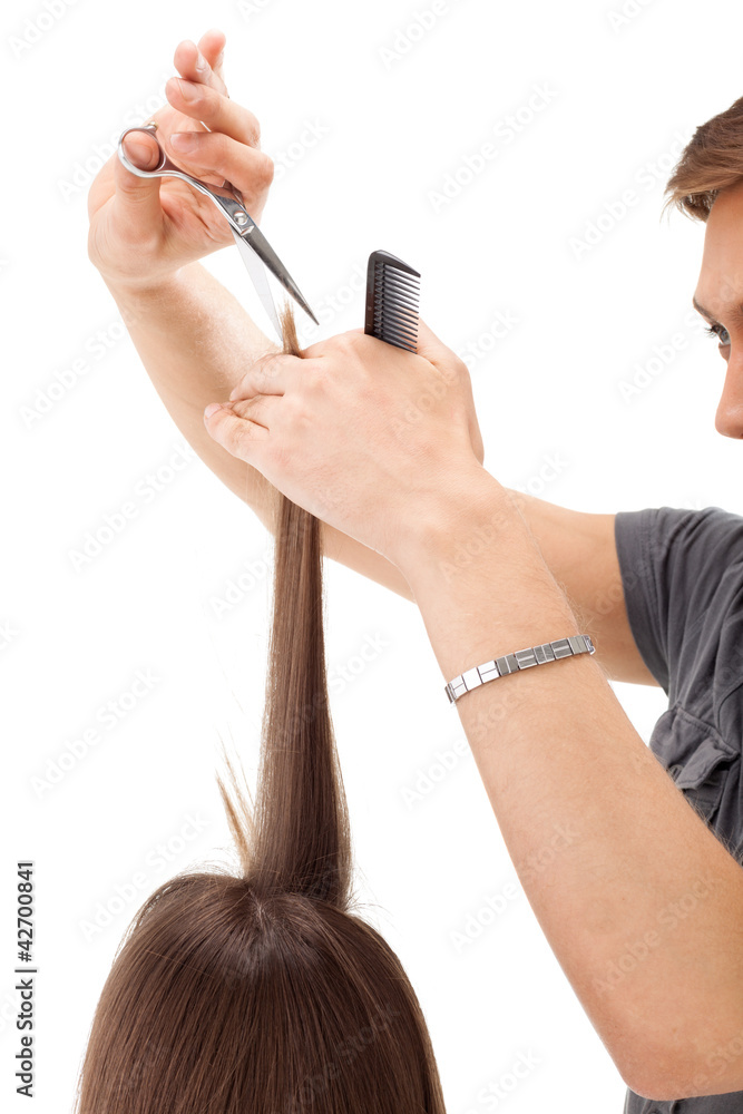 Naklejka premium Professional hairdresser with long hair model, isolated on white