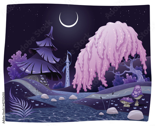 Fantasy nightly landscap. Vector illustration.