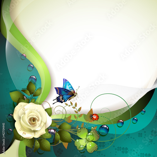 Background with rose, butterfly and drops of water