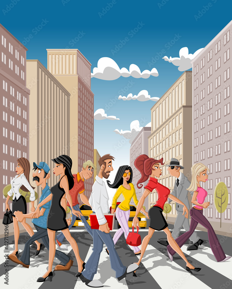 Cartoon business people crossing a downtown street in the city Stock ...