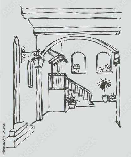 Vector cityscape. Arcuate passage in a cozy old courtyard