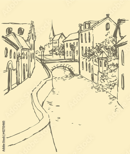 Vector cityscape. Old street along the canal with bridge