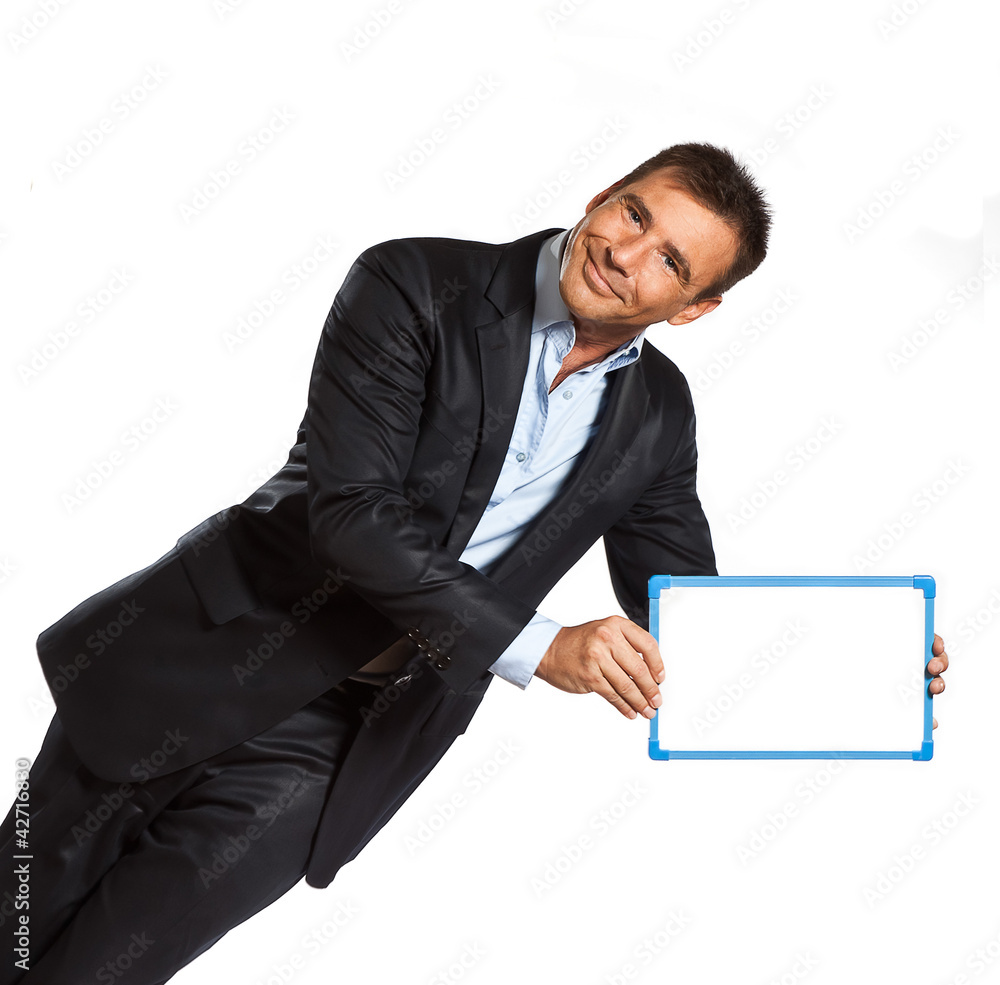 one business man holding showing whiteboard one business man holding showing whiteboard