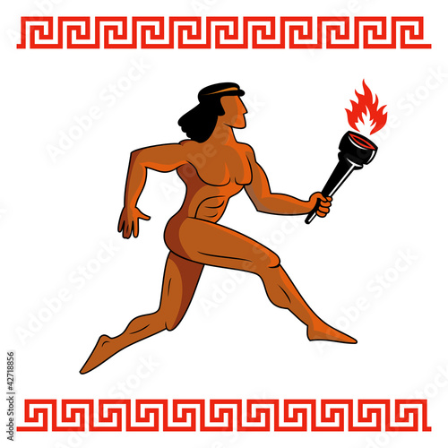 Greek athlete running with Olympic flame, vector