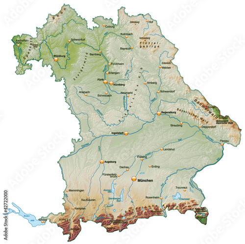 Landkarte von Bayern mit Schummerung