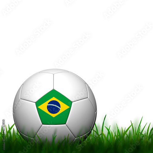 3D Football Brazil Flag Patter in green grass on white backgroun