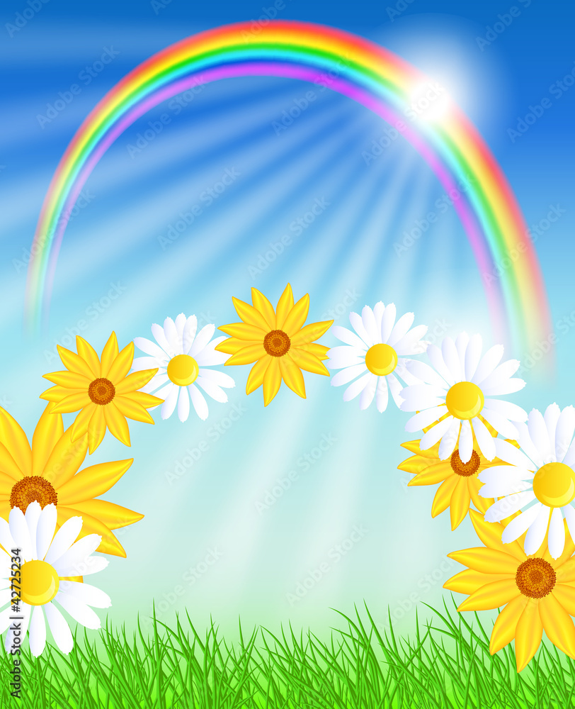 Flowers with green grass and rainbow Flowers with green grass and rainbow