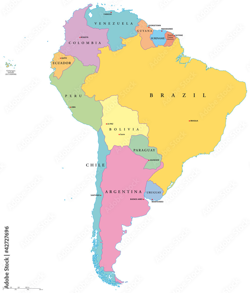 South America political map with single states, capitals and national ...