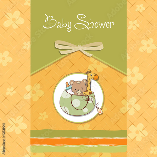 new baby announcement card with bag and same toys