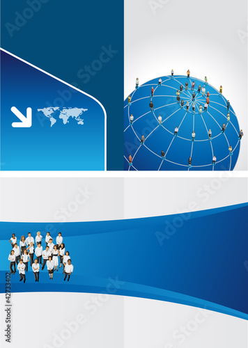 Blue template with connected people over earth globe