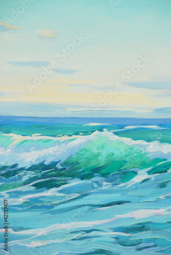 Fototapeta Naklejka Na Ścianę i Meble -  morning on mediterranean sea, wave, illustration, painting by oi