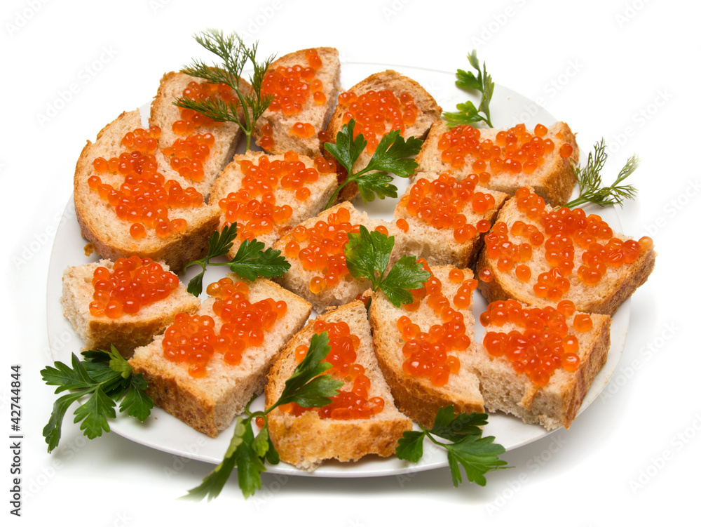 red caviar on bread with parsley red caviar on bread with parsley