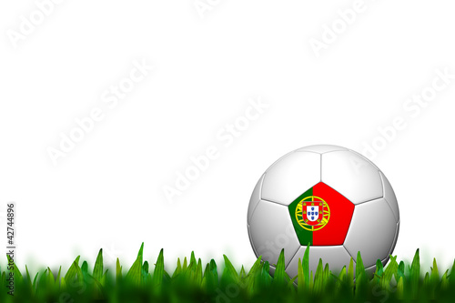 3D Soccer balll Portugal Flag Patter on green grass over white b