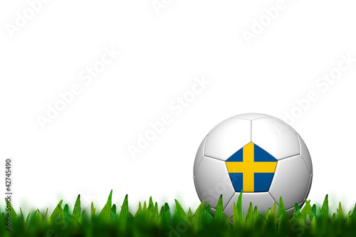 3D Soccer balll Sweden Flag Patter on green grass over white bac