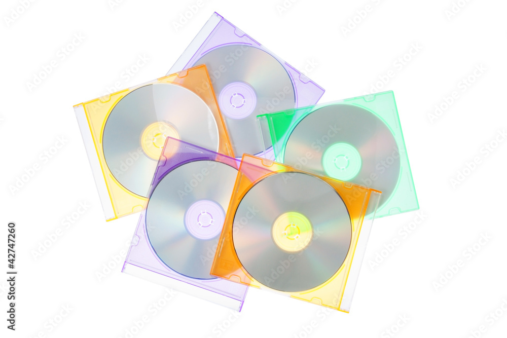 Fototapeta premium The group disks CD-DVD in the boxes. On a white background.