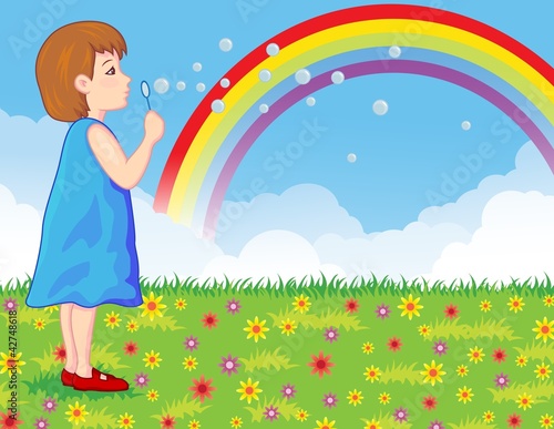 little girl blowing soap bubbles
