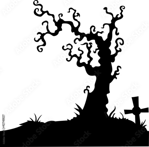 Grave with dead tree on white