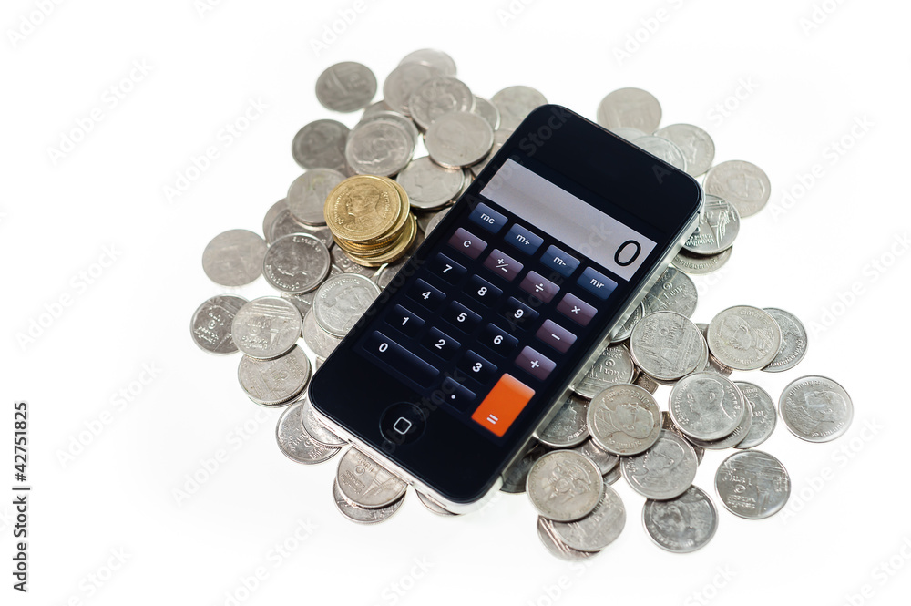 Smart phone with coins on isolate Smart phone with coins on isolate