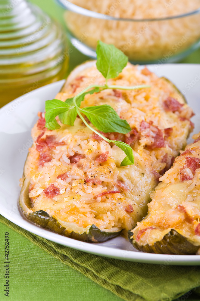 Stuffed zucchini halves. Stuffed zucchini halves.
