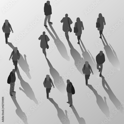 monochrom as shadow of  businessmen and businesswomen are walking on pavement or street in two direction photo