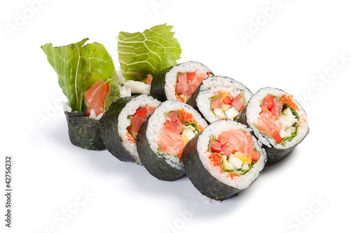 Futomaki. Salman. On a white background. Salmon, tomatoes, Bulga