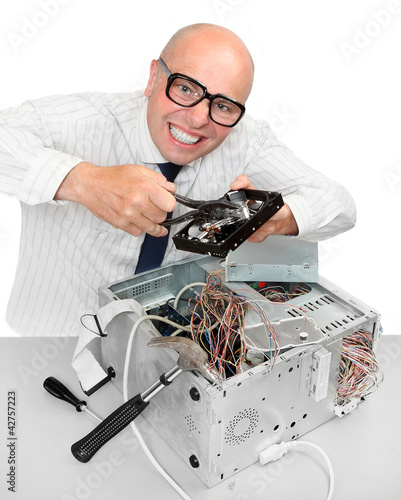 Funny repairman with computer.