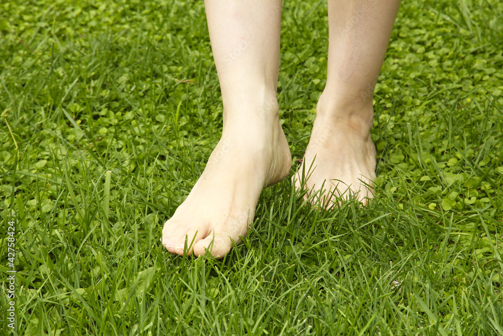 Legs walking on lawn