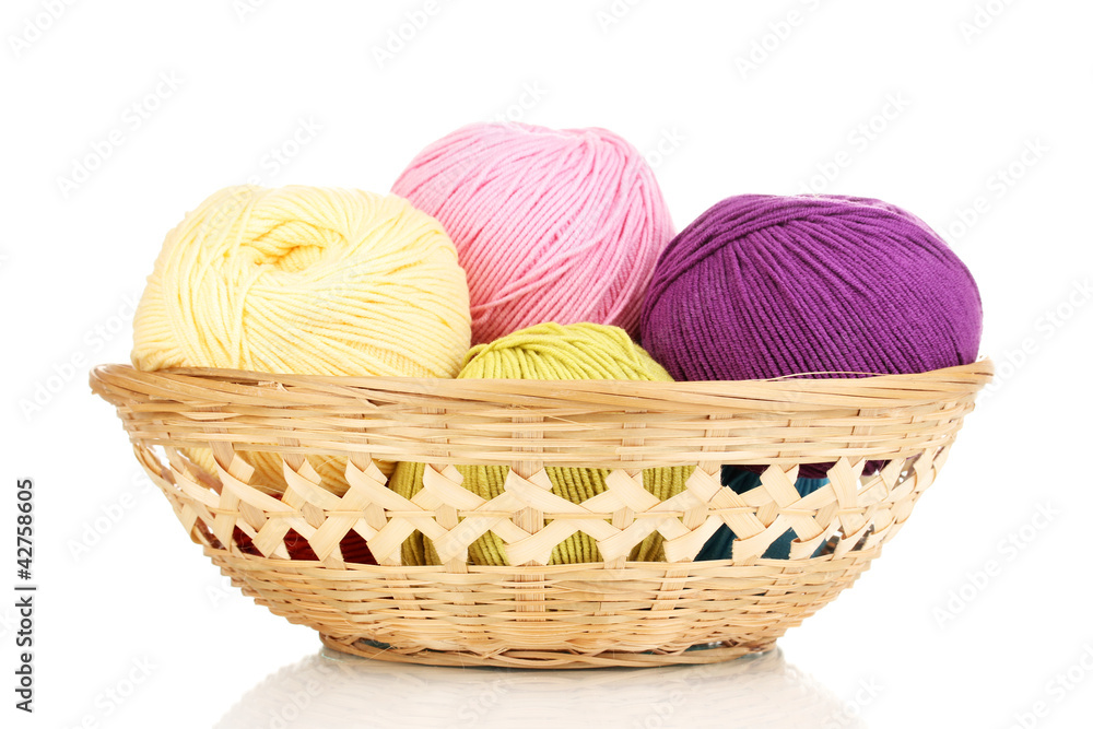 Knitting yarn in basket isolated on white Knitting yarn in basket isolated on white