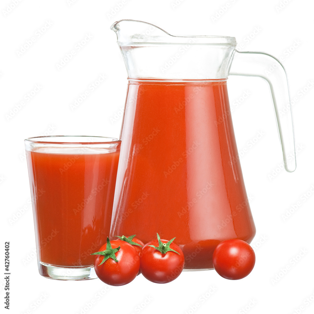Jug of tomato juice, glass and fruits Cherry tomatoes with green Jug of tomato juice, glass and fruits Cherry tomatoes with green