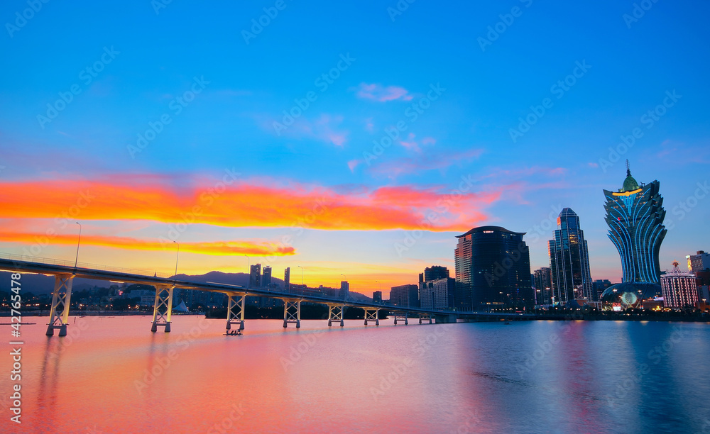 Fototapeta premium Macao cityscape with famous landmark of casino skyscraper and br