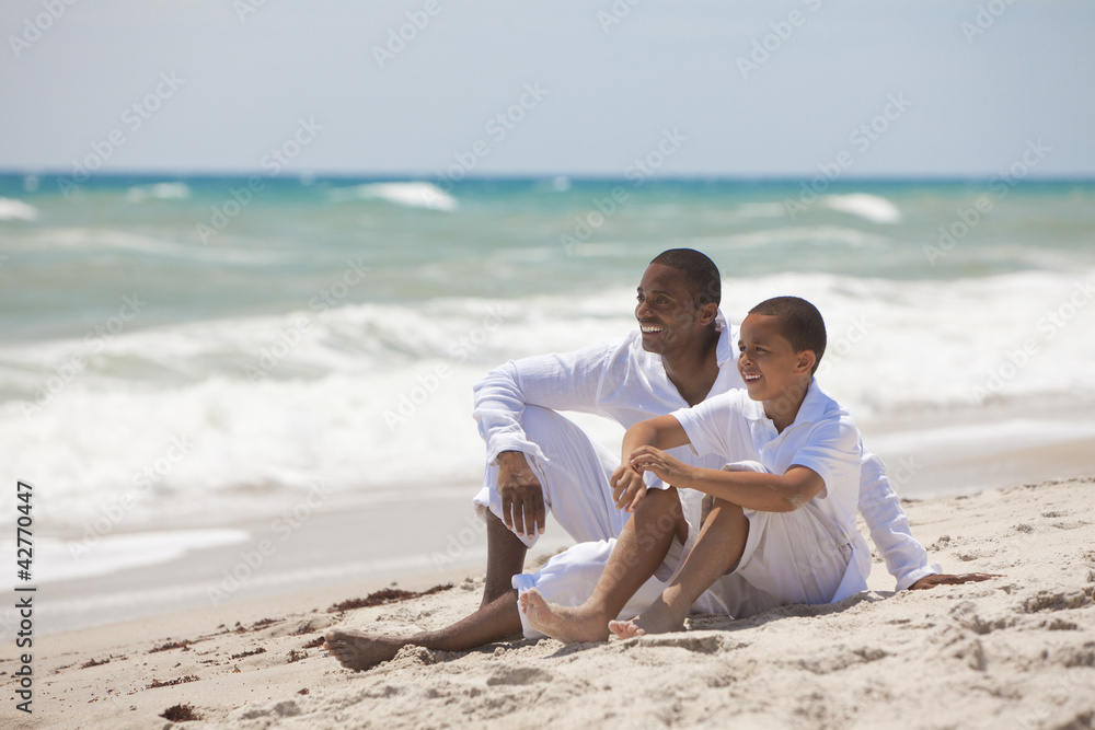 Happy African American Father and Son On Beach