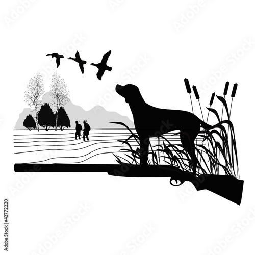 Dogs of a duck hunting the nature