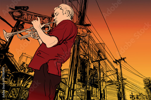 trumpeter on a cityscape background