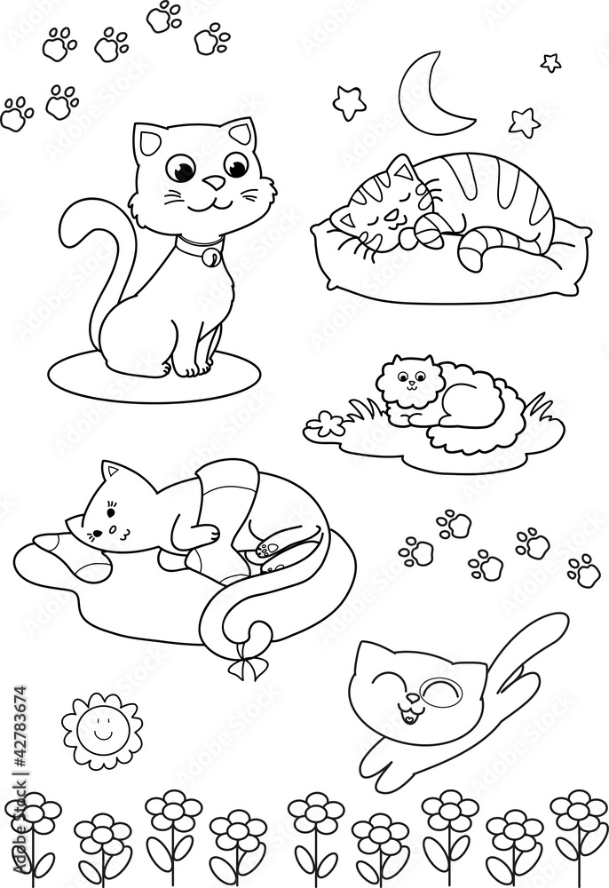 Cinque gatti carini da colorare per bambini