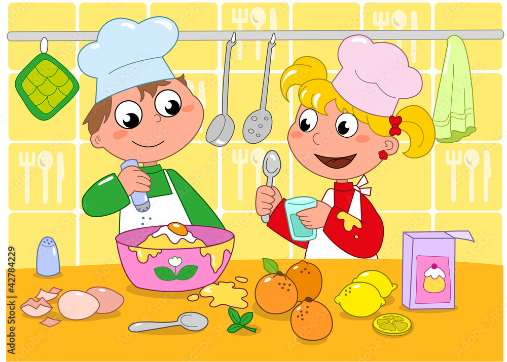 Bambini che cucinano con tanti ingredienti, vettore Stock Vector | Adobe  Stock